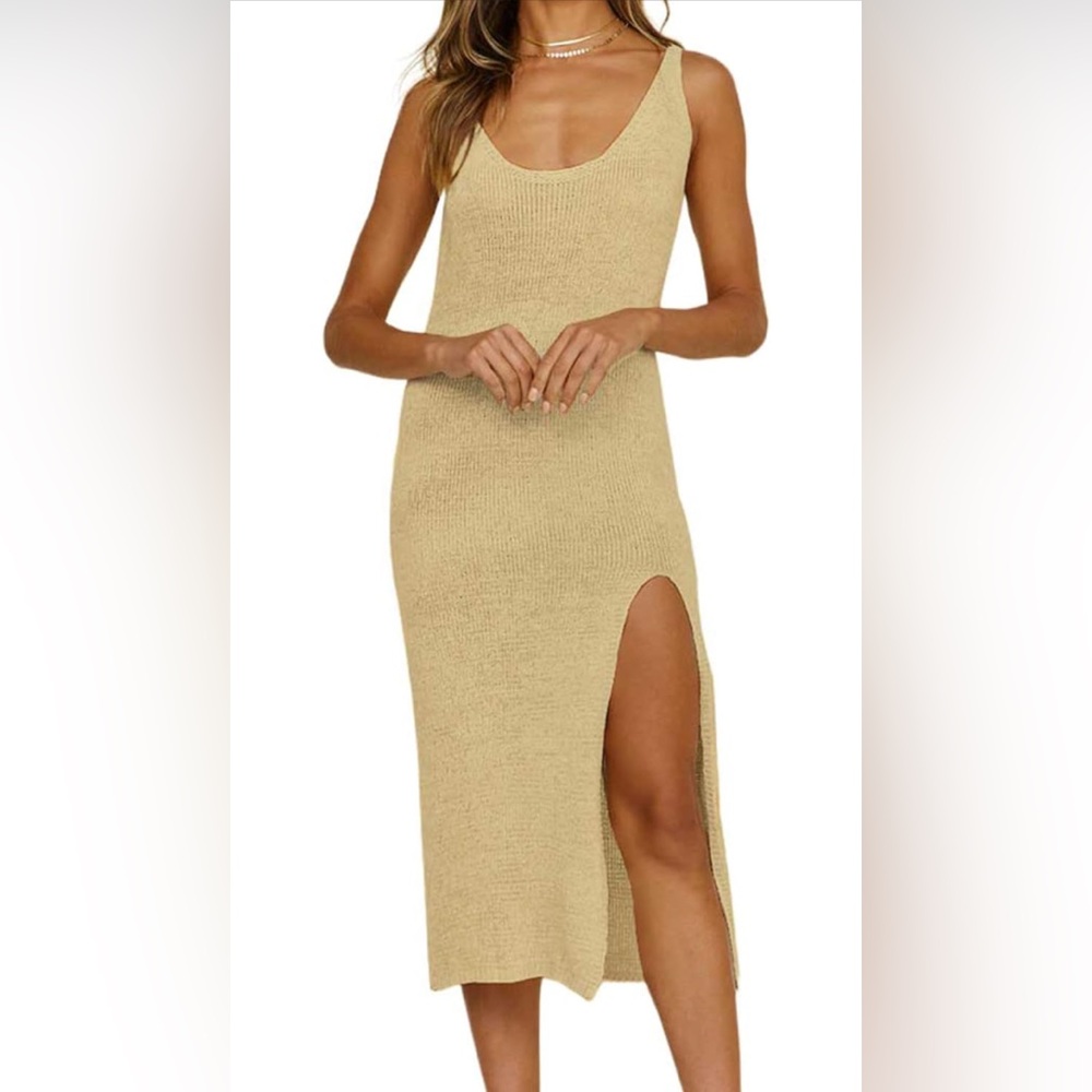 Vici Beige Knit Swim Coverup Dress with Side Slit